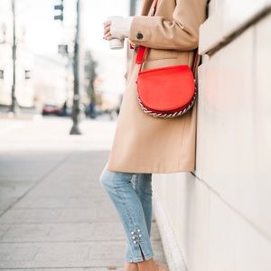 Top shop beige coat with red accent under collar